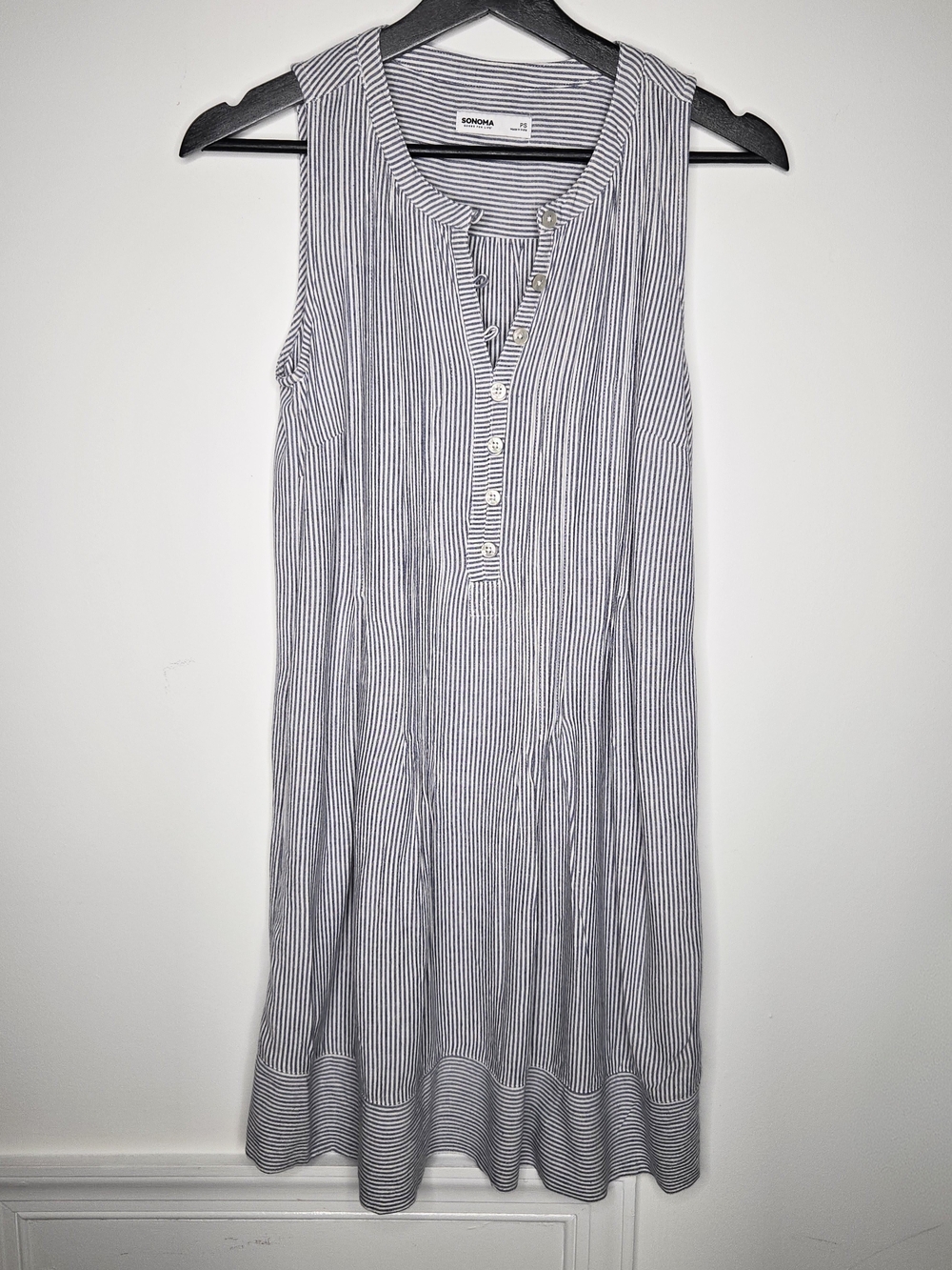 Sonoma Navy and White Linen Striped Sleeveless Button-Front Henley Dress - SP